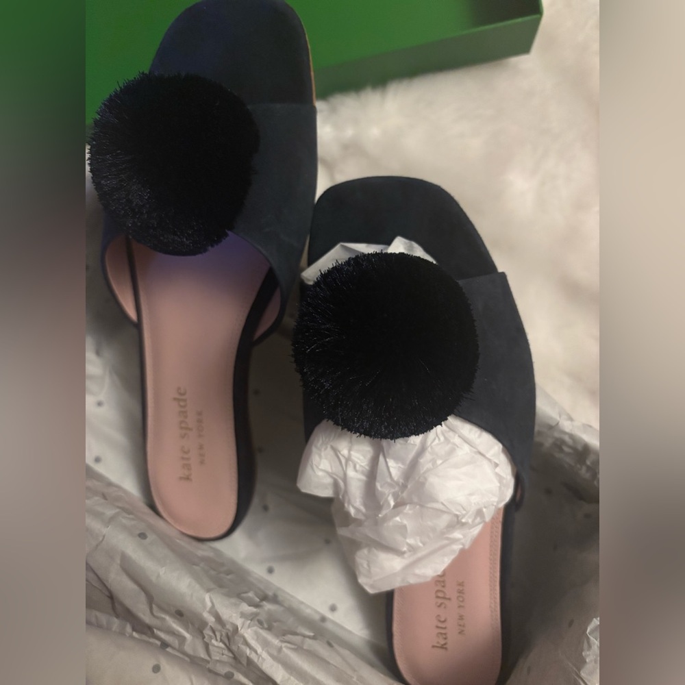 Kate Spade Black Mules with Pom Pom Detail - Picture 4 of 7
